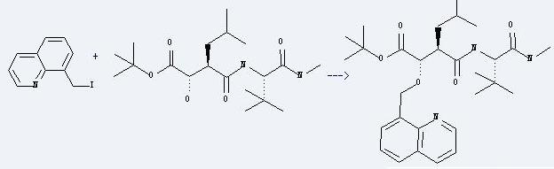 Quinoline,8-(iodomethyl)- can be used to produce 3-(2,2-dimethyl-1-methylcarbamoyl-propylcarbamoyl)-5-methyl-2-(quinolin-8-ylmethoxy)-hexanoic acid tert-butyl ester at the temperature of 20 °C.